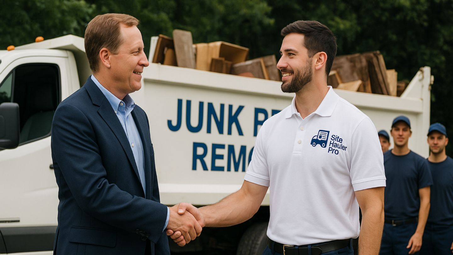 Junk removal business owner shaking hands with commercial client